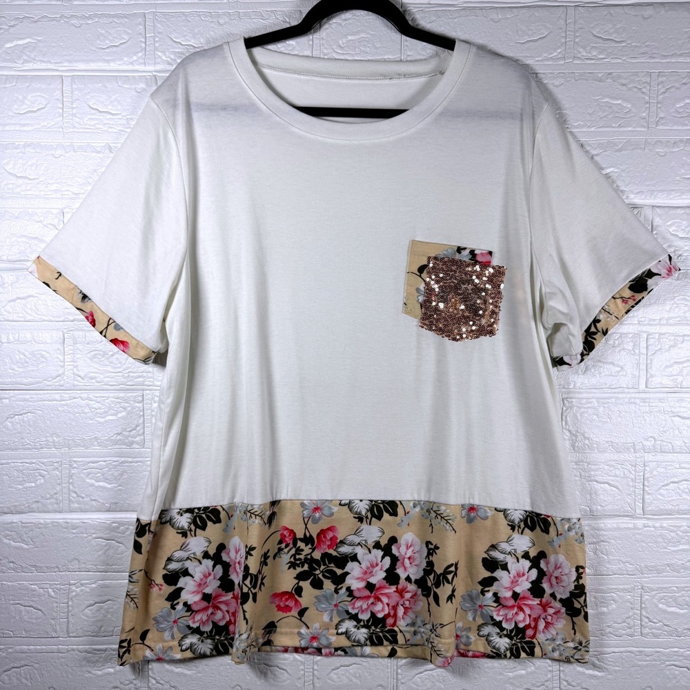 Floral Pocket Tee Women XXL White Sequin Trim Short Sleeve T-Shirt